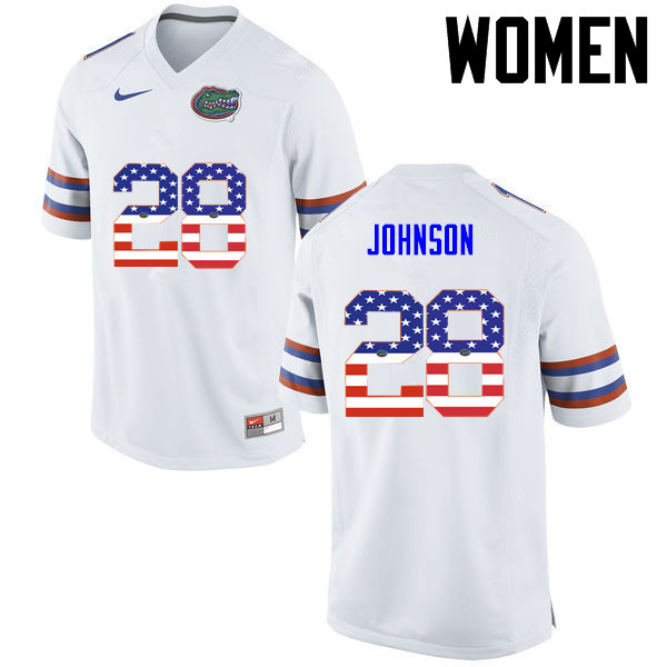 Women Florida Gators #28 Kylan Johnson College Football USA Flag Fashion Jerseys-White
